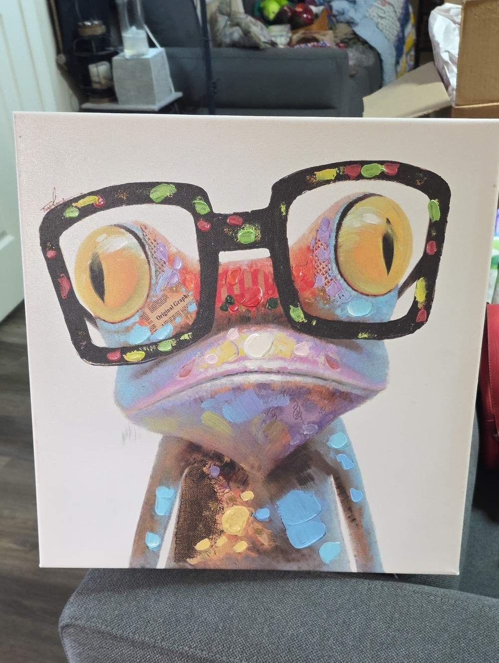 Whimsical Colorful Frog Wall Art Canvas with Black Glasses.